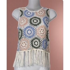 Blue Rain Francesca's Crochet Tank Top Women XS Multicolor Fringe Boho ST21083